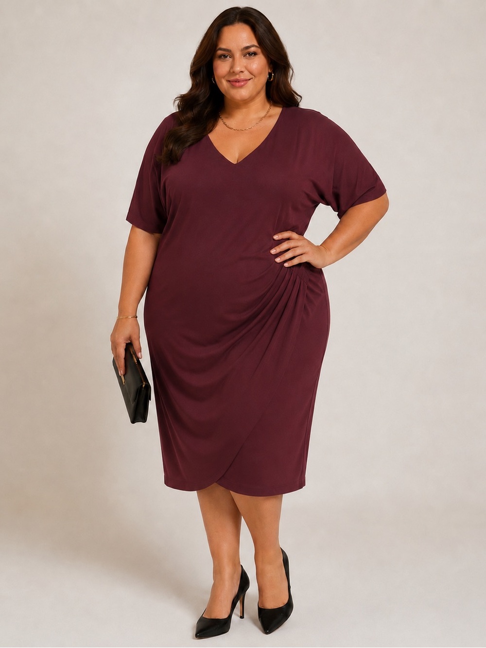 Aura Plus-Size V-Neck Ruched Midi Dress in Plum
